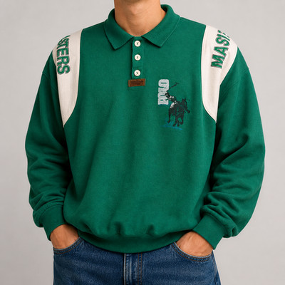 Vintage Sweatshirt L Grün Weiß Happy Time Polo-Kragen Polo Masters 90s Boxy Fit