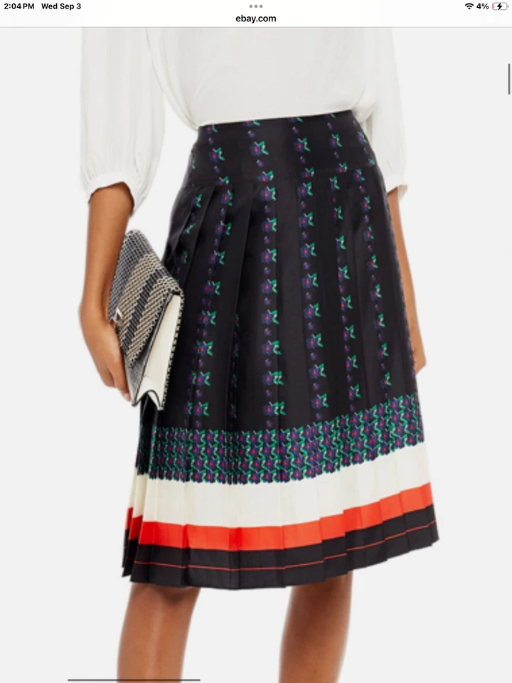$498 NWT Tory Burch Carmine  Silk Pleated Navy Tea Rose Skirt sz 12 - Image 3 of 4