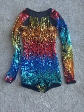 Weissman Rainbow sequin leotard with long sleeves and a zipper back. Size: Xs