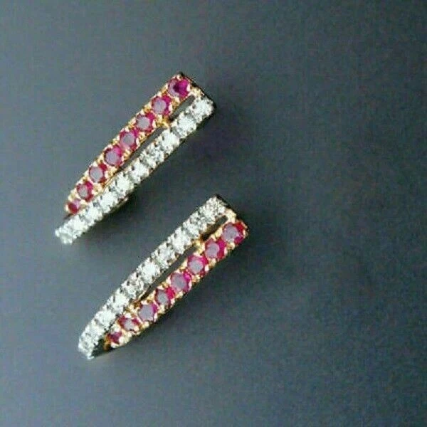 2Ct Round Lab Created Ruby Diamond Huggie Hoop Earrings 14K Yellow Gold Plated - Image 3 of 4