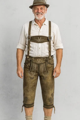 Herren Trachtenlederhose Inkl Hosen Träger Gr. 46-62 Kurz Oktoberfesthose Braun - Bild 1 von 4