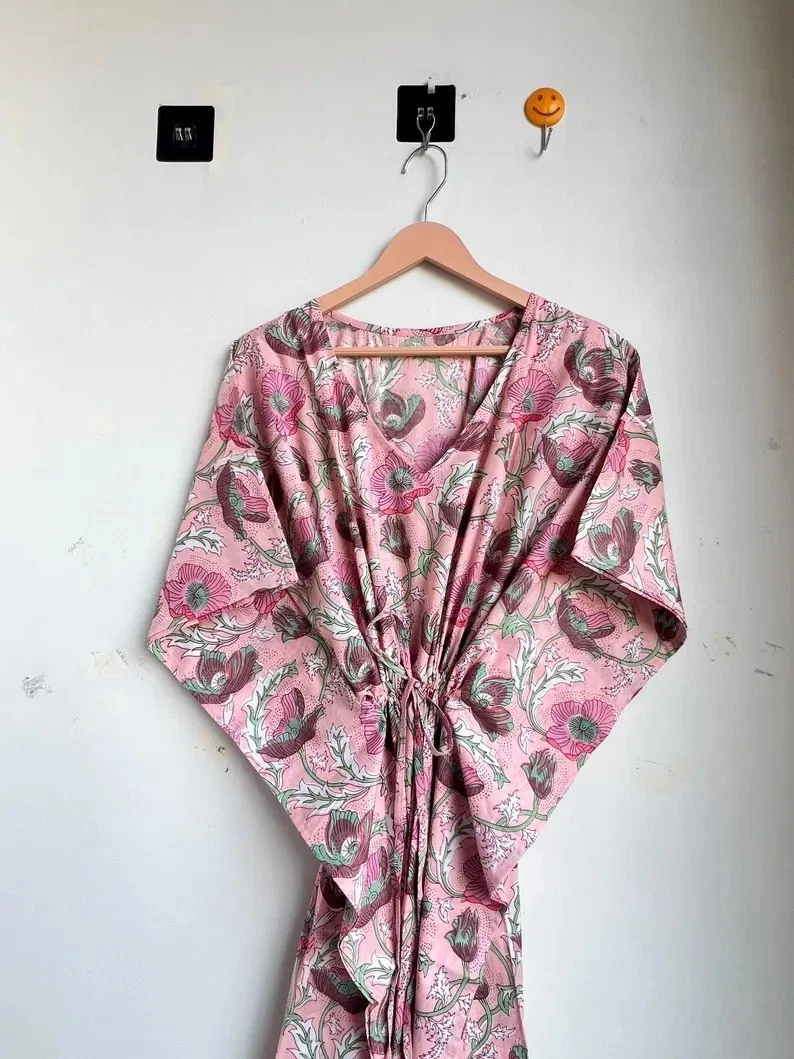 Pink Kitty Kaftan, Indian Cotton Bath Dress Women's Fashionable Clothing Kaftan
