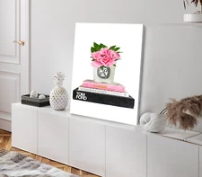 Pink Flower & Perfume on Fashion Books Stretched Canvas 40x50cm Print