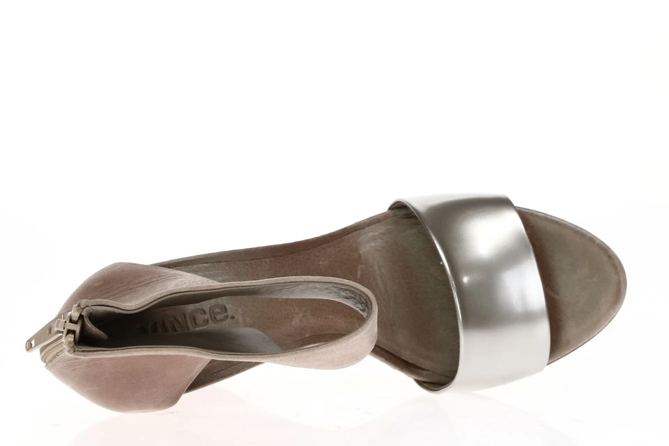 Sandalias de tacón de cuña VINCE para mujer de cuero de peltre con cremallera y correa al tobillo talla 8,5 M Foto 3 de 4