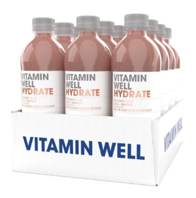 Vitamin Well Hydrate Rhabarber/Erdbeere funktionelles aromatisiertes Wasser, 500 ml x 12