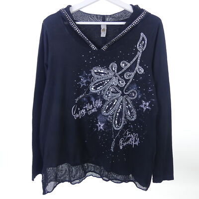 TREDY Sweatshirt Kapuze Strass Nieten Schwarz Gr. 40