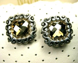 Vintage Sterling Silver Plated Brighton Filigree Yellow Rhinestone Earrings