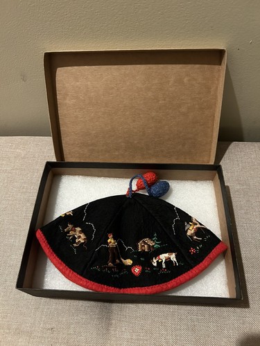 Rare Jewish Suisse Embroidery Prayer Kippah Yarmulke Skullcap Judaica vtg n box
