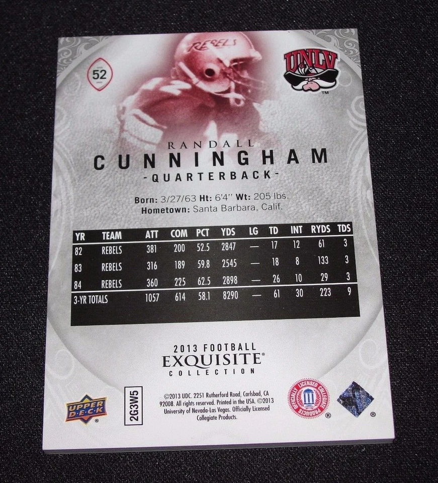 2013 Exquisite RANDALL CUNNINGHAM #52 Silver College Variant/70 Eagles - UNLV - Image 2 of 2