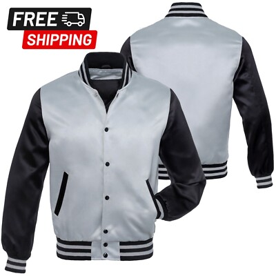 Men's Grey and Black Satin Jacket Bomber Style Baseball Letterman