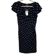 Lauren Ralph Lauren Navy Blue Tan Polka Dot Ruched Sheath Dress Size 8 NWT