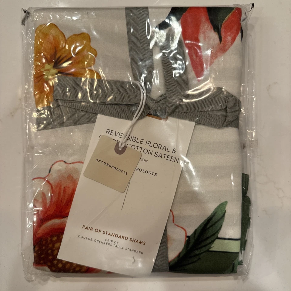 Juego de 2 fundas estándar de satén reversibles florales a rayas Anthropologie Emily nuevas Foto 2 de 3
