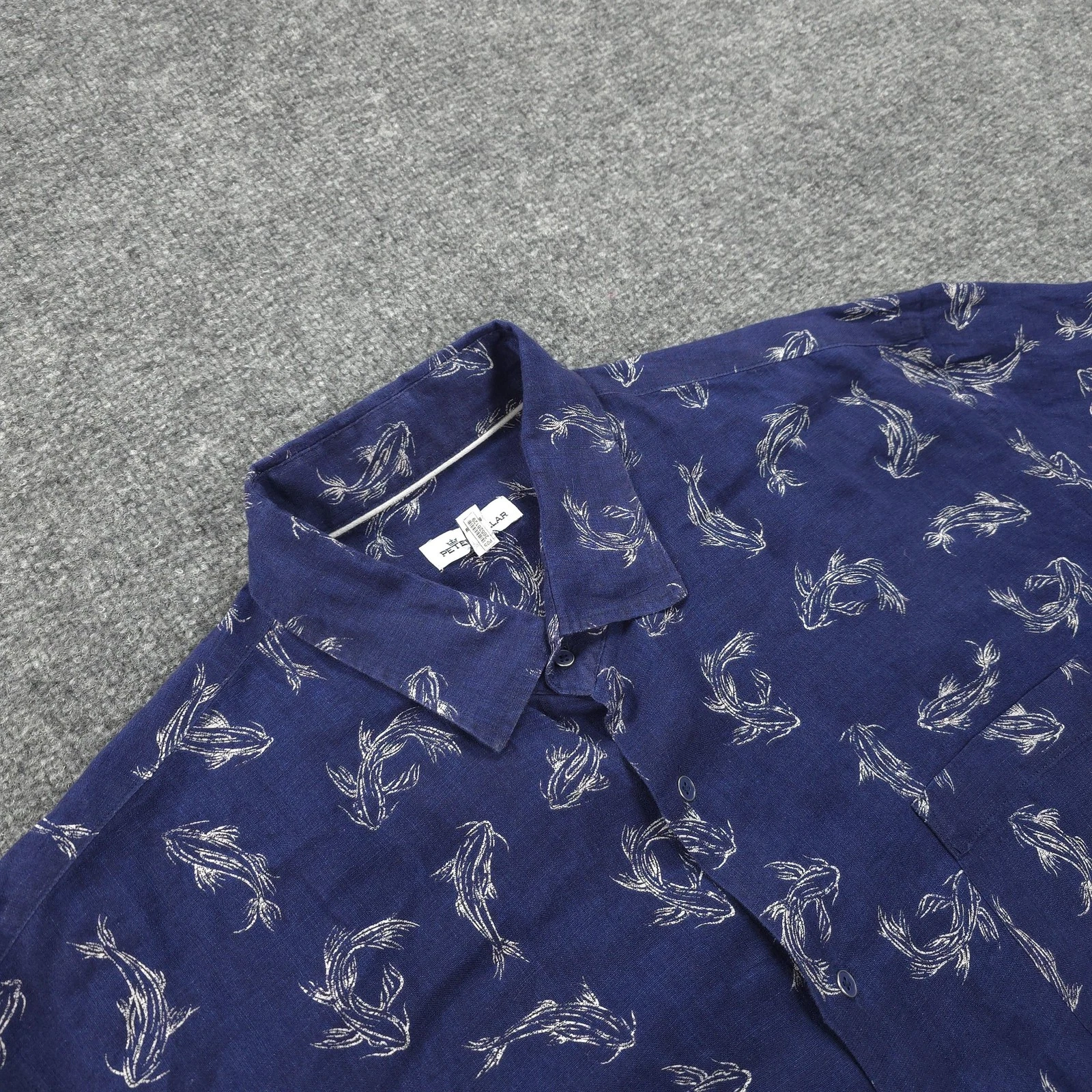 Peter Millar Shirt Mens XL Blue Linen Koi Fish Print Seaside Nautical Beach Golf