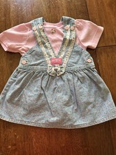 VTG 2T Osh Kosh Baby B'Gosh Blue Floral Overall Vestbak Dress 2 Pc Pink Tee USA