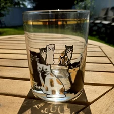 Vtg Culver 22K Gold Black White Kitty Cat Low Ball Double Old Fashioned Glass