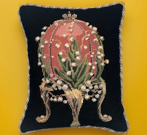 Handmade Forbes Collection Faberge Egg Black Wool Needlepoint Pillow Velvet Back