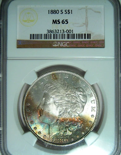 1880-S RAINBOW TONED MORGAN  DOLLAR~NGC MS65~GEM OBVERSE CRESCENT RAINBOW TONER*