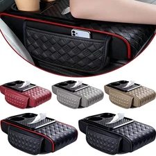 Car Armrest Cushion Center Console Cover w/ Cup Holder,Tissue Box Leather beige