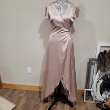 Baltic Born Women Champagne Satin Wrap Maxi Dress XS Flutter Sleeve High Low