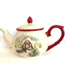 Christmas Winter Scene Barn Ceramic Teapot By Blue Sky Clayworks 7x 10”