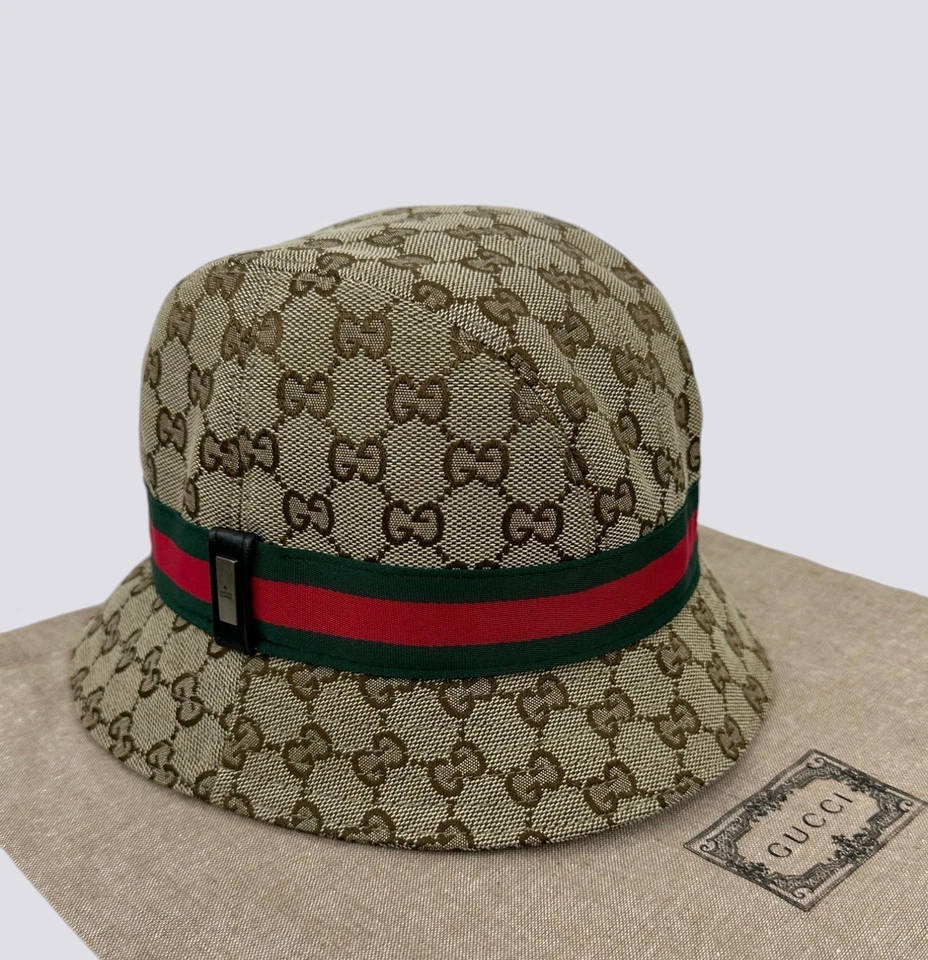 Gucci GG Monogram Logo Web Stripe Cotton Canvas Bucket Hat Cap Head Beige Size S - Image 2 of 4
