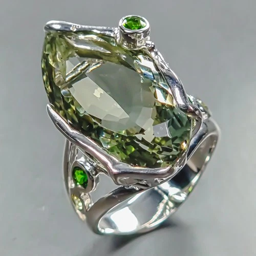 Handmade 28 ct Natural Green Amethyst Ring 925 Sterling Silver Size 8 /R445110