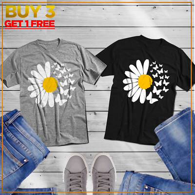 Sunflower Butterflies Womens T-Shirt Summer Print Casual Party USA Mom Gift Tee