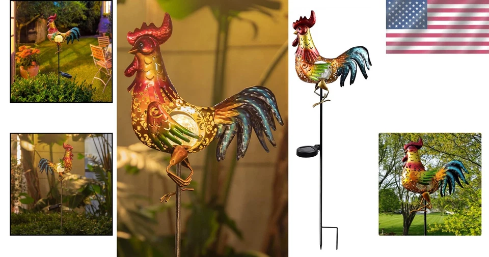 Estatua de jardín solar de gallo vivo con brillo blanco cálido - perfecta para decoración de césped Foto 2 de 4