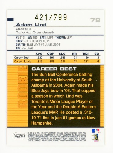 2007 Bowman's Best Adam Lind #78 RC /799 Toronto Blue Jays Baseball Card - Picture 2 of 2