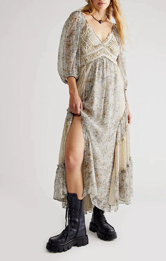 Summer Maxi Dress Boho Clothing Free People Bohemian Billowy Ethereal  Floral Golden Hour Maxi Dress Ivory