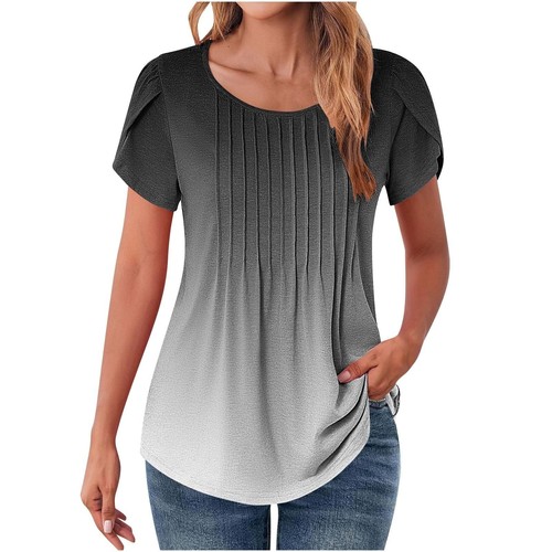 Women Fashion Petal Sleeves Crewneck Tunic Blouses Gradient Summer Tees Shirts - Picture 10 of 38