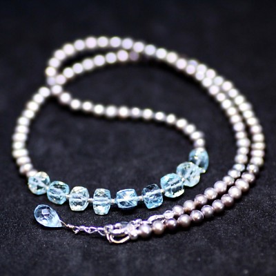 Natürliche graue Perle und himmelblauer Topas Halskette Handarbeit in massivem 14K Weißgold