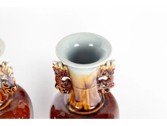 一对中国Flambé釉面瓷花瓶带龙手柄-10英寸-有标记 — 第 2/4 张图片