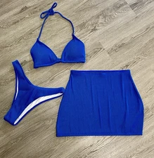 Cobalt Blue HighCut Ribbed Triangle Bikini 3 Pc Swimsuit Coverup Cruise Resort L