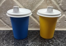 Vintage 2 Tupperware Sippy Cups Bell Tumblers Blue  Yellow 109 7Oz  Lids Retro