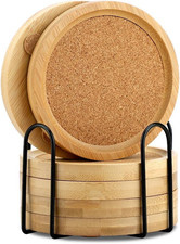 Set of 6 Bamboo Coasters Set with Holder for Coffee Table Drinks Saucers