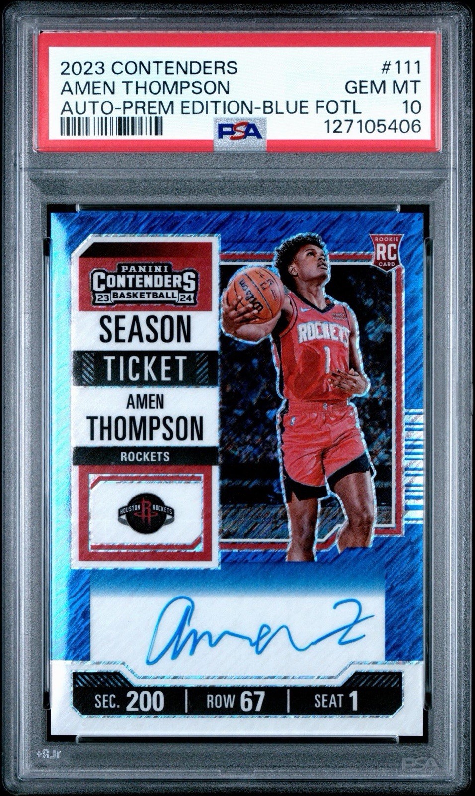 2023 Contenders Amen Thompson Rc Rookie Ticket FOTL Blue Shimmer Auto /21 PSA 10