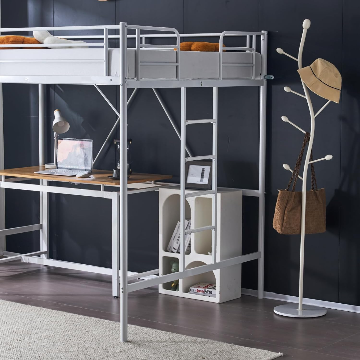 Heavy Duty Metal Loft Bed Frame Full Size Sturdy Space Saving Loft Bed White
