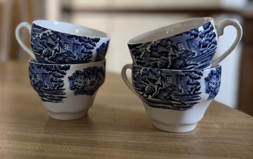 4 Vintage LIBERTY BLUE England Cups Paul Revere Staffordshire Ironstone