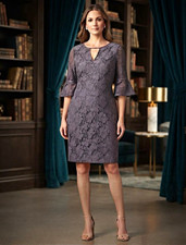 Adrianna Papell Gray Floral Lace Sheath Dress V-Neck 3/4 Bell Sleeve Sz 14