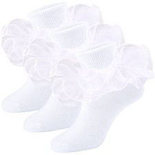 Angel Girls Ruffle Socks - Frilly Double Lace Cotton Turn Cuff Socks, 3 Pairs...