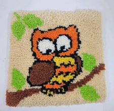 Vintage Rug Owl Shag Latch Hook 15"x15" Mid-century Quirky Funny Wall Art