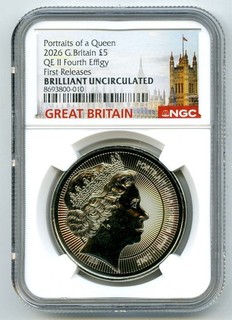 2026 GB 5PD NGC BRILLANTE UNC QEII RETRATOS DE UNA REINA CUARTA EFIGIE FR