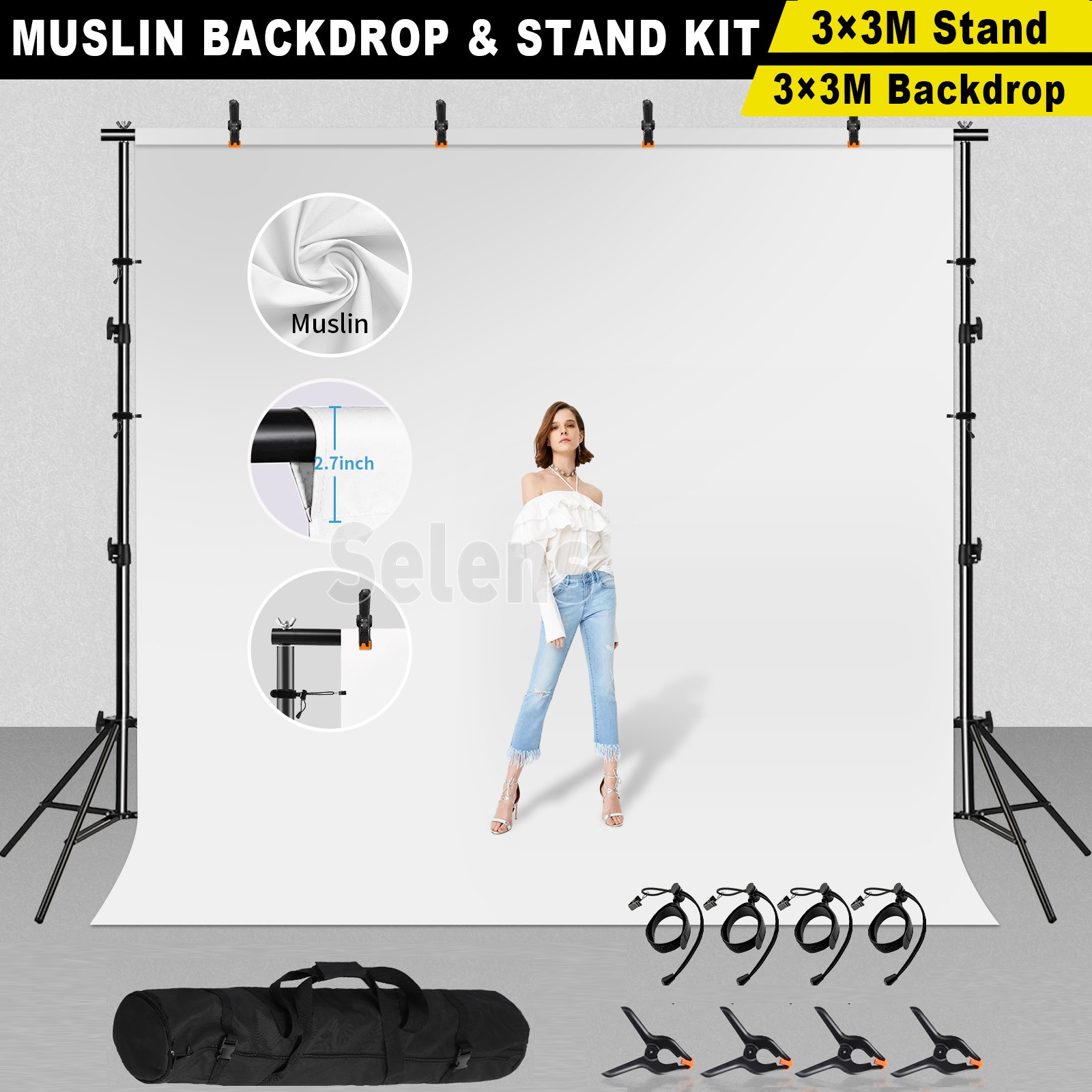 3×3M Large Photo Backdrop Stand Kit + 3M White Background Photography Studio