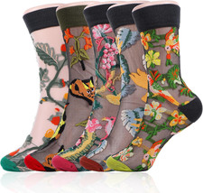 5 Pairs Sheer Ankle Socks for Women, Transparent Lace Mesh Floral Design, Breath