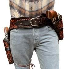 Brown Leather Double Western Gun Holster Belt Cowboy Dual Revolver Rig w/ Loop