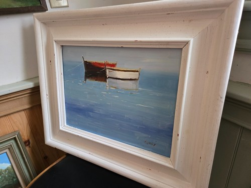 Vintage Oil on Canvas Rowboats in the bay of Cape Cod Signed "Lirmi" - Picture 8 of 14