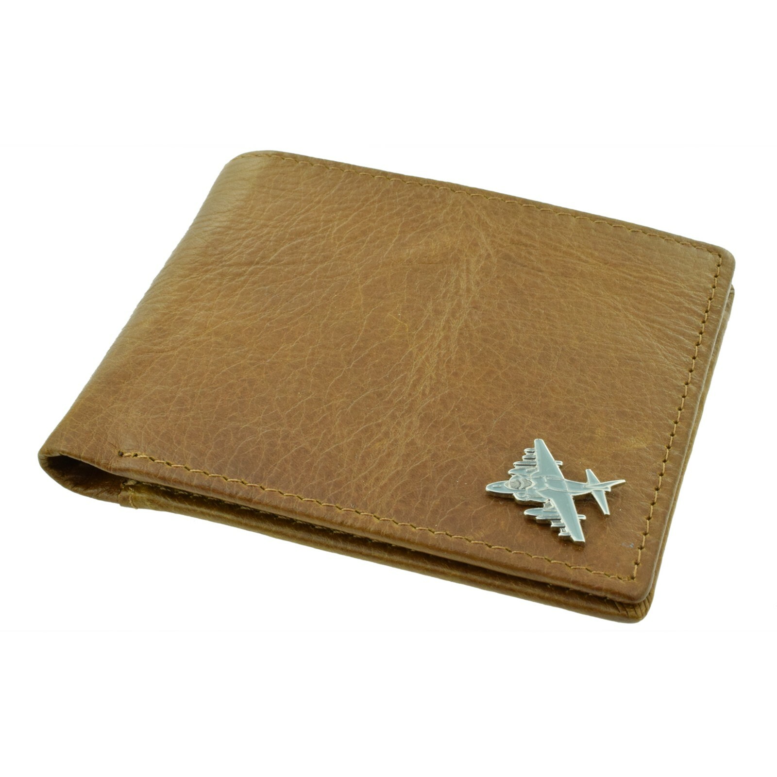 Classic Style Brown Genuine Leather Wallet with a Harrier Jump Jet Emblem