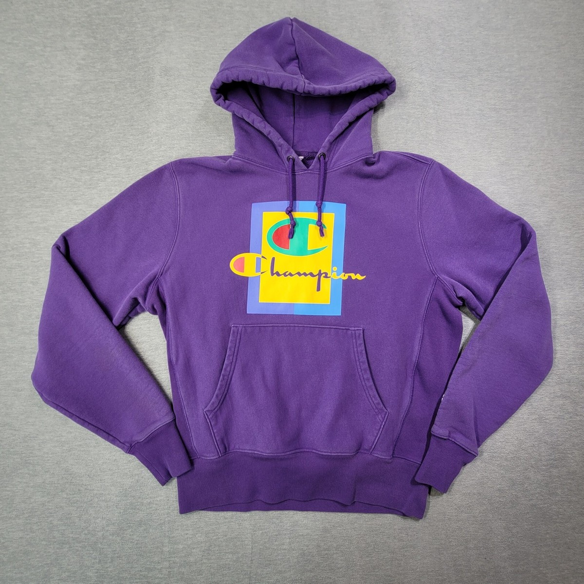 Champion Hoodie Mens Medium Purple Reverse Weave Sweatshirt Colorful Retro  Logo