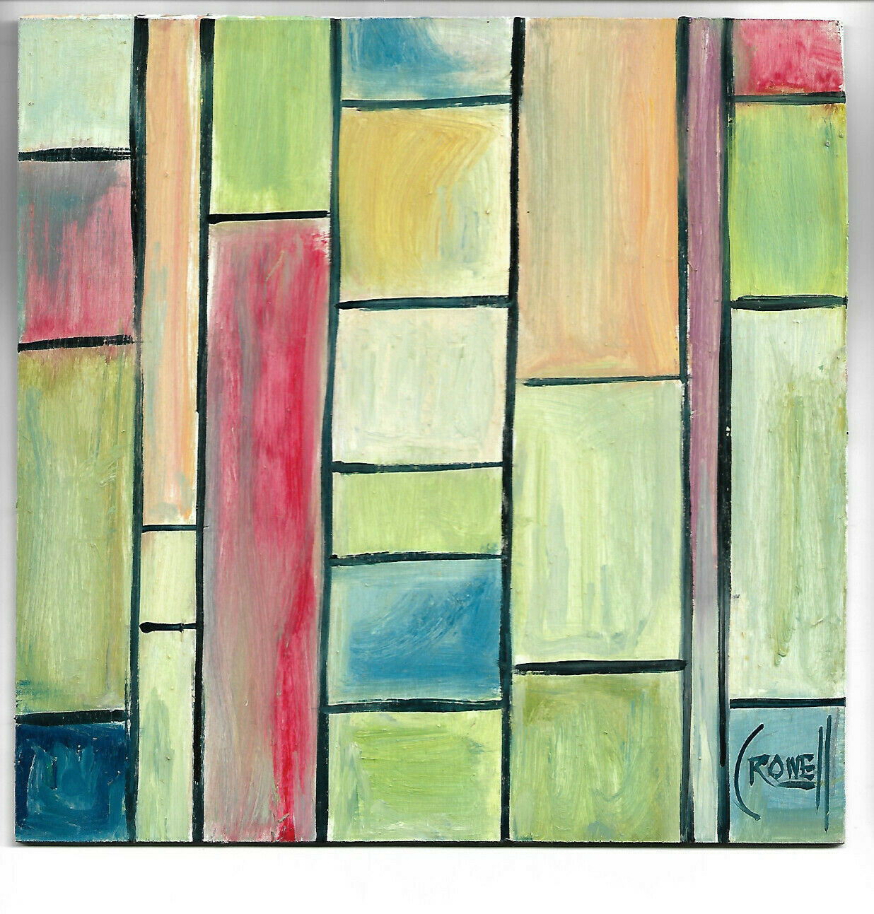 HIT THE HIGHWAY  abstract oil painting original 8x8 wood Vintage  signed Crowell